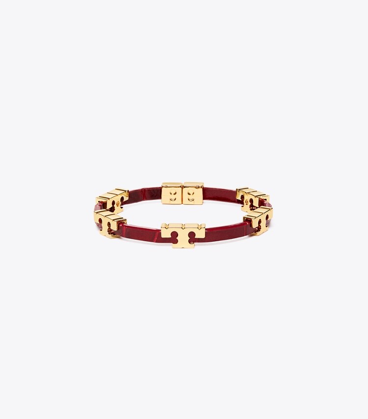 Tory Burch designer bracelets Serif-T Stackable Croc Embossed Bracelet in Tory Gold / Roma Red front