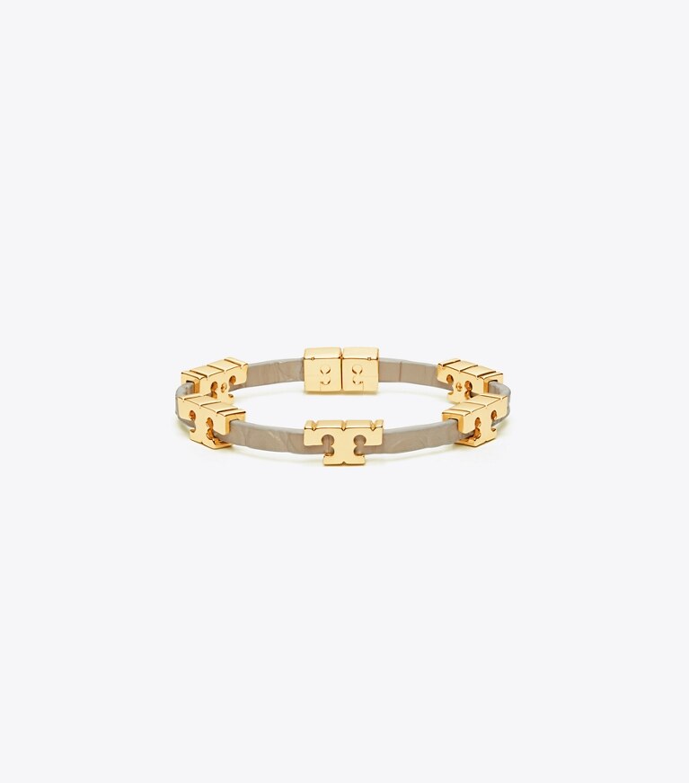 Tory Burch designer bracelets Serif-T Stackable Croc Embossed Bracelet in Tory Gold / Jamaica Sand front