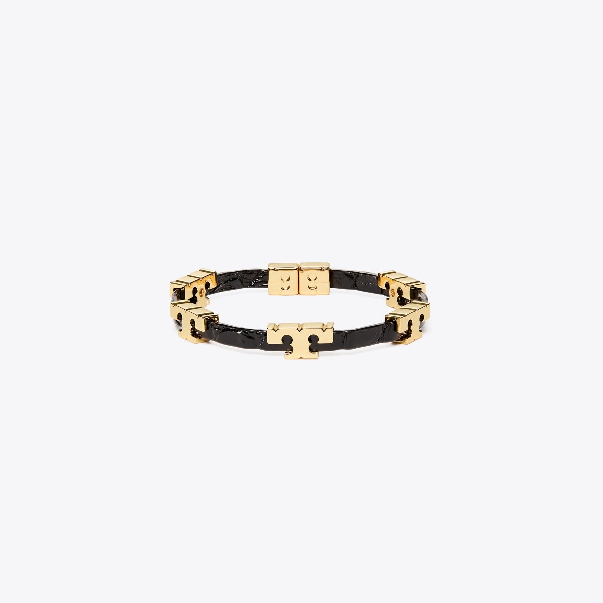 Tory Burch deals Serif-T Stackable Leather Goldtone TB Slide Clasp Bracelet Saddle