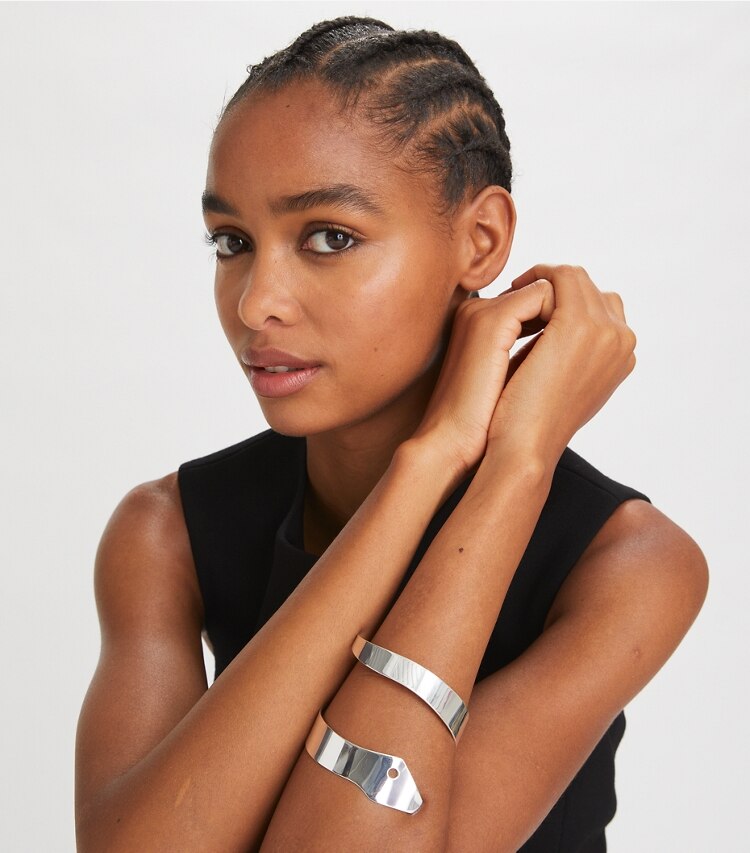 Tory Burch designer bracelets Serpent Cuff in Silver accessory on model