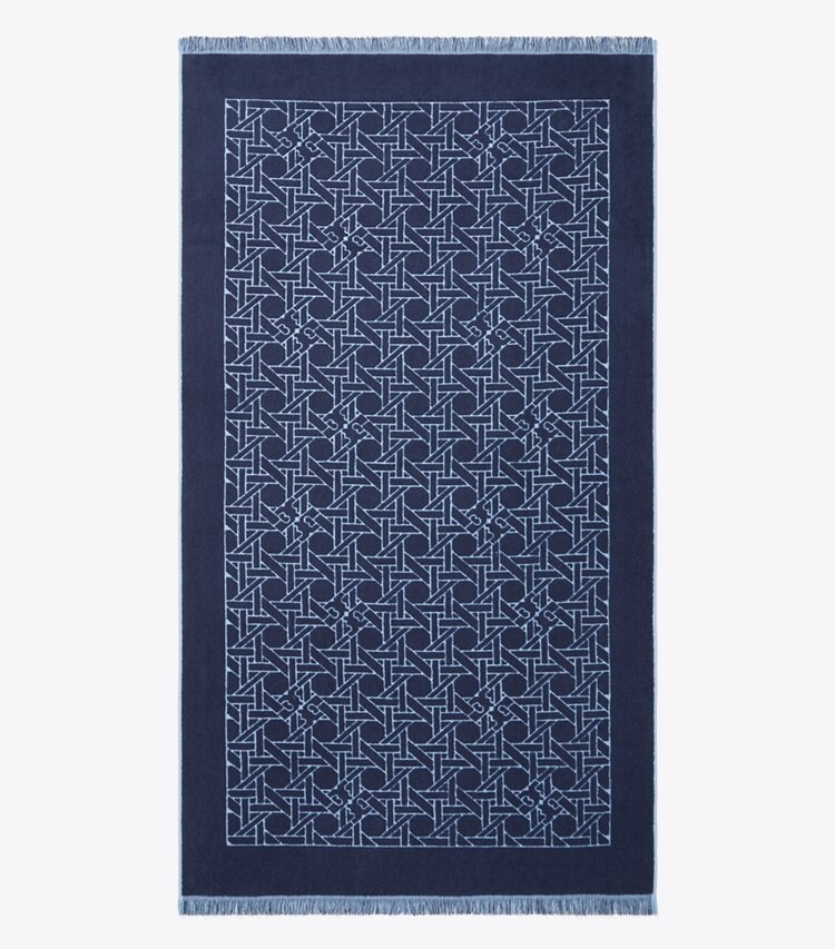 Tory Burch designer serviettes plage Serviette à motif tressé dans Basketweave Blue Bird/Tory Navy de face