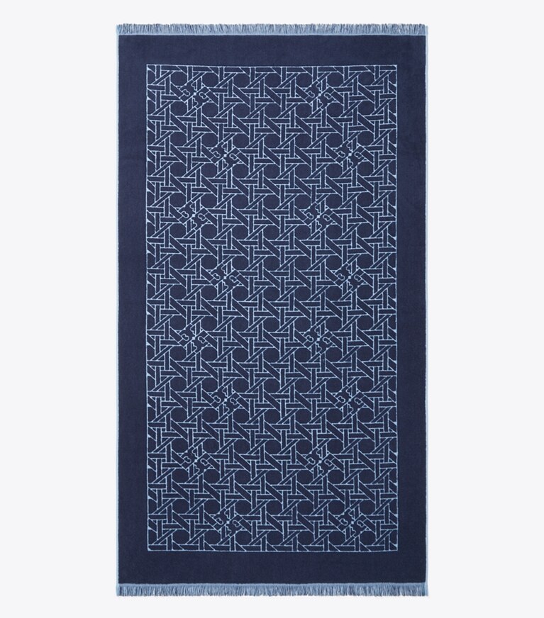 Tory Burch designer serviettes plage Serviette à motif tressé dans Basketweave Blue Bird/Tory Navy de face