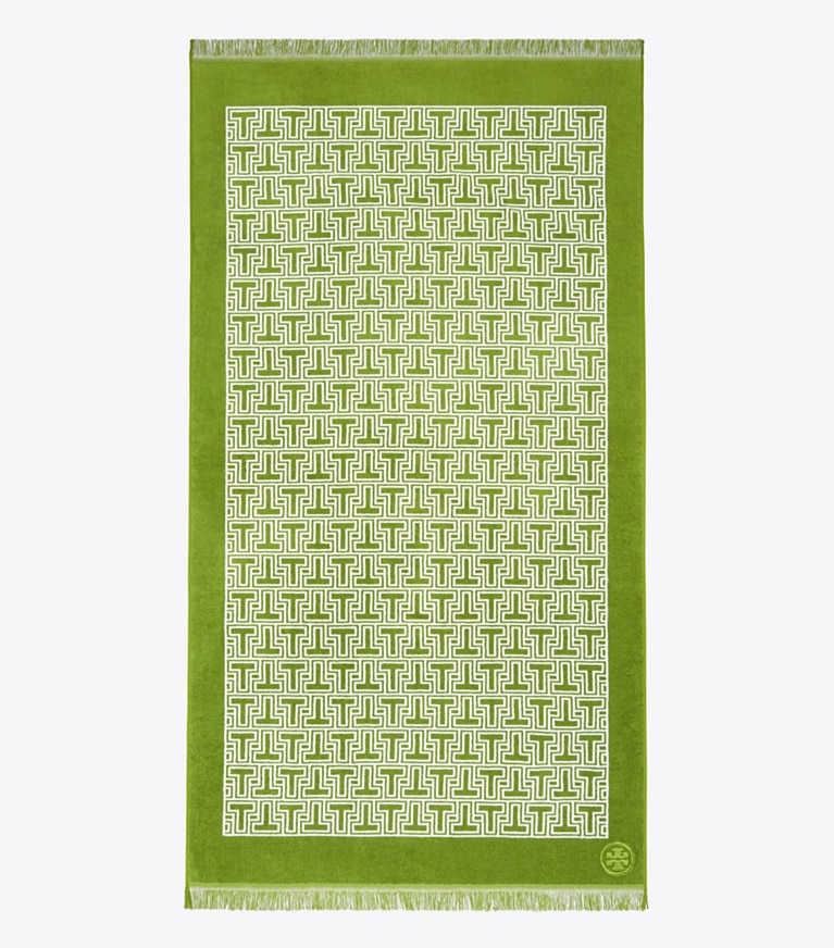 Tory Burch designer serviettes plage Serviette de plage T-Tile dans Spring Leaf/White de face