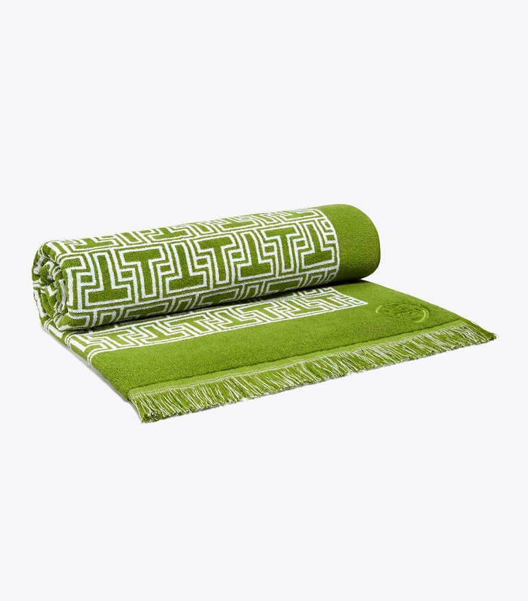 Tory Burch designer serviettes plage Serviette de plage T-Tile dans Spring Leaf/White vue du dessus