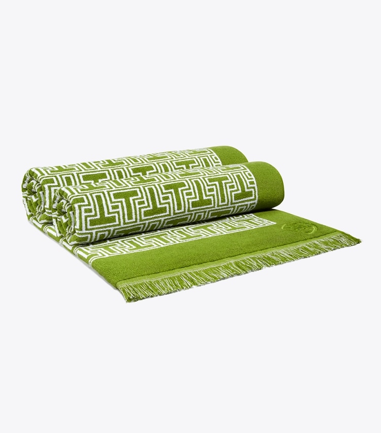 Tory Burch designer serviettes plage Serviette de plage T-Tile dans Spring Leaf/White compactable et réversible