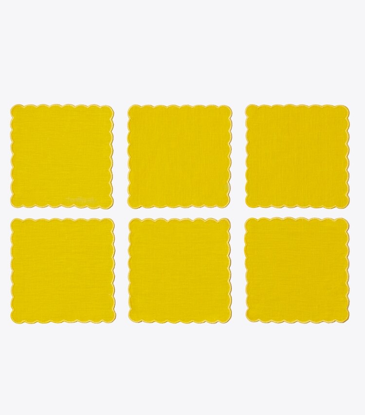 Tory Burch designer linge Serviettes de cocktail en lin à bords festonnés, lot de 6 dans Yellow de face