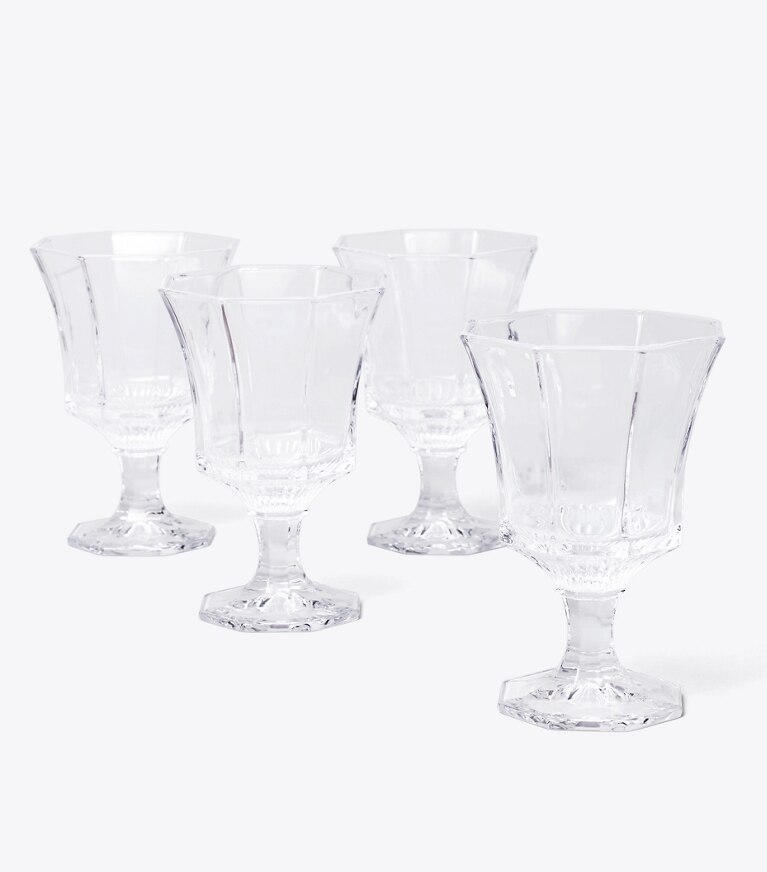 Tory Burch diseñador artículos de mesa & cristalería Set de 4 vasos de vino de vidrio prensado en Clear grupo