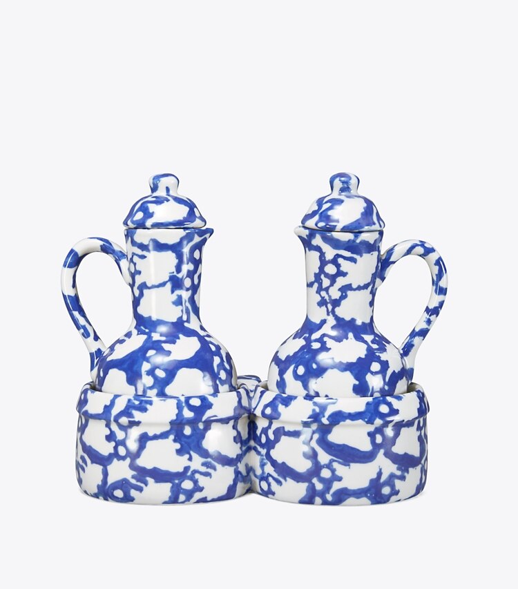 Tory Burch diseñador artículos de mesa & cristalería Set de aceite y vinagre de loza esponjada en Smoke frente
