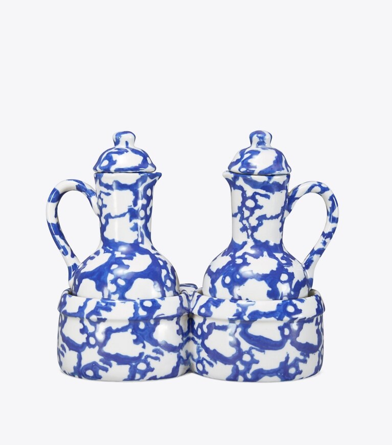 Tory Burch diseñador artículos de mesa & cristalería Set de aceite y vinagre de loza esponjada en Smoke frente