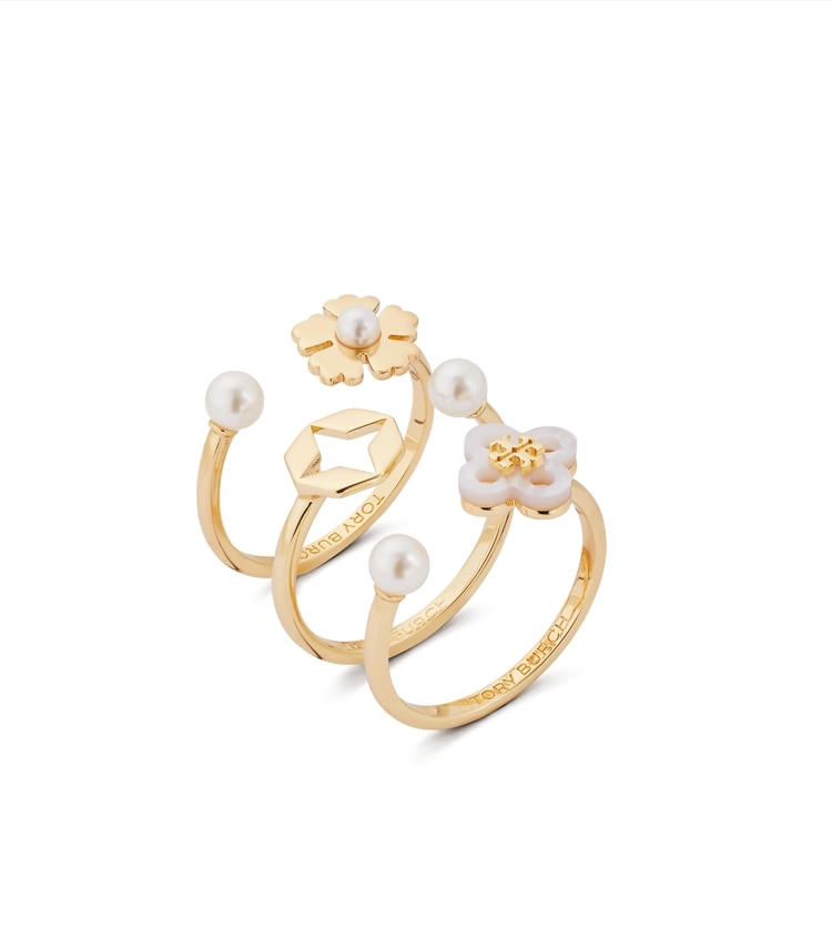 Tory Burch diseñador anillos Set de anillos apilables Forget Me Not en Tory Gold / Mother of Pearl / Cream adicional
