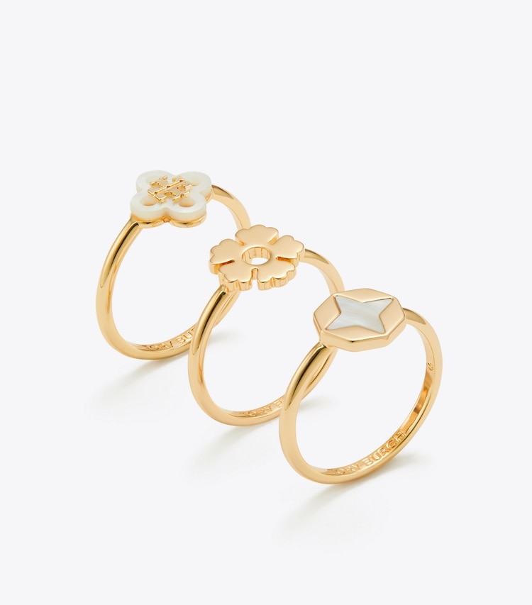 Tory Burch diseñador anillos Set de anillos apilables Forget Me Not en Tory Gold / Mother of Pearl ángulo
