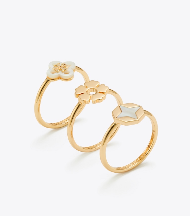 Tory Burch diseñador anillos Set de anillos apilables Forget Me Not en Tory Gold / Mother of Pearl ángulo