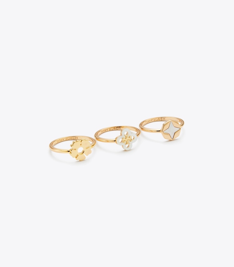 Tory Burch diseñador anillos Set de anillos apilables Forget Me Not en Tory Gold / Mother of Pearl detalle