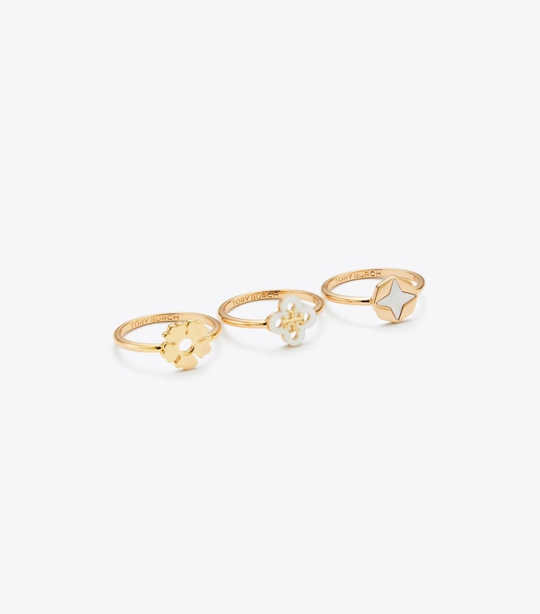 Tory Burch diseñador anillos Set de anillos apilables Forget Me Not en Tory Gold / Mother of Pearl detalle