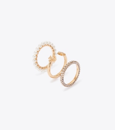 Tory Burch diseñador anillos Set de anillos apilables Moondance en Tory Gold / Cream / Crystal ángulo