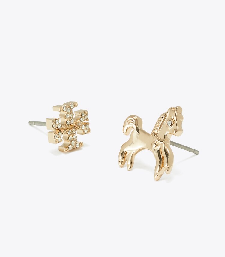 Tory Burch diseñador aretes Set de aros tipo botón de caballo Curiosity en Tory Gold / Crystal / Pearl detalle
