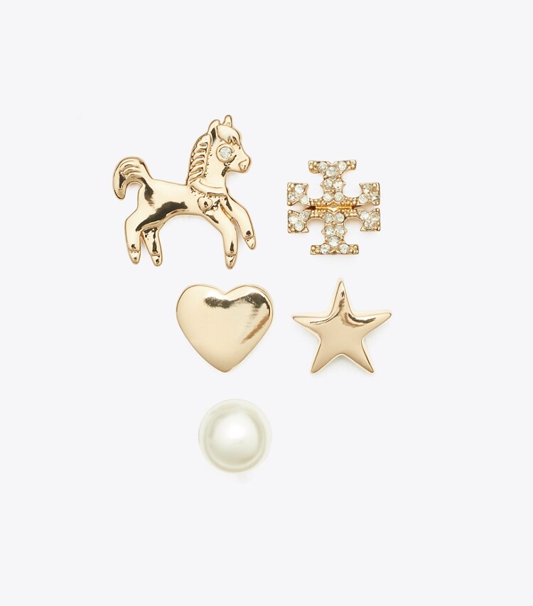 Tory Burch diseñador aretes Set de aros tipo botón de caballo Curiosity en Tory Gold / Crystal / Pearl frente