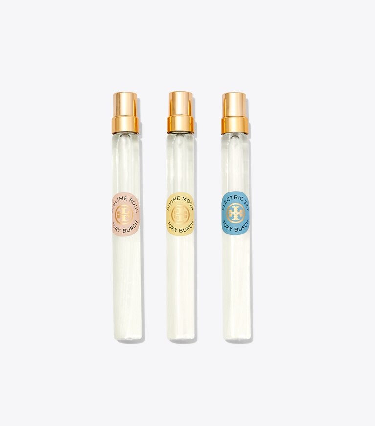 Tory Burch diseñador perfume Set de dijes para atomizador de viaje en YELLOW/BLUE/PINK frente