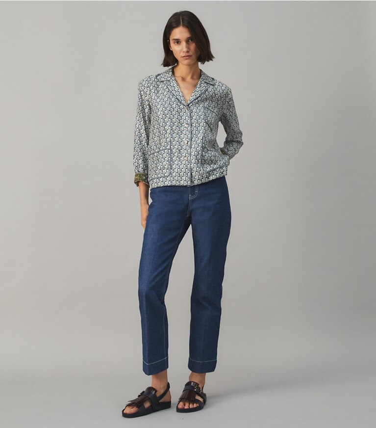 Tory Burch diseñador tops Set de pijama de sarga de seda en MISTY BLUE BLOCK TULIP adicional en modelo