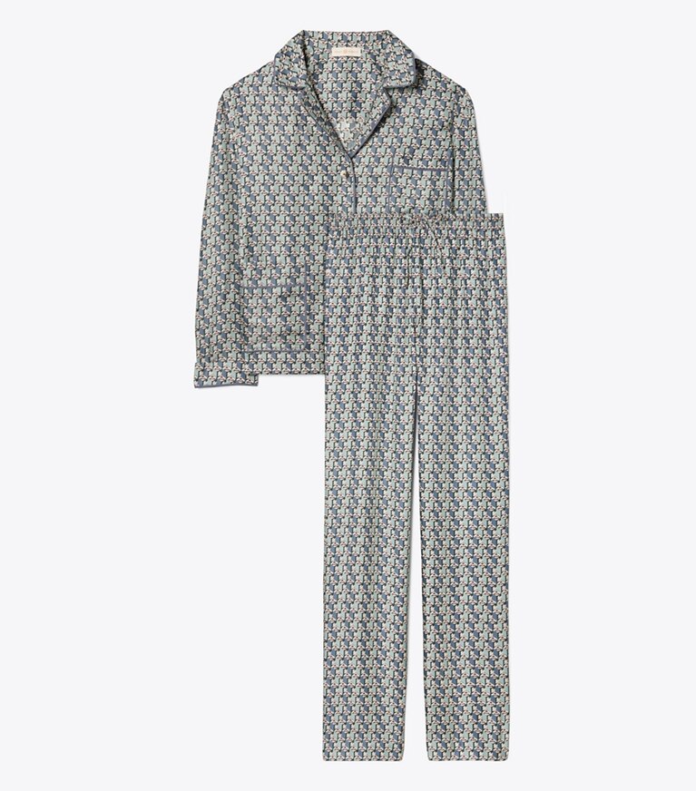Tory Burch diseñador tops Set de pijama de sarga de seda en MISTY BLUE BLOCK TULIP frente