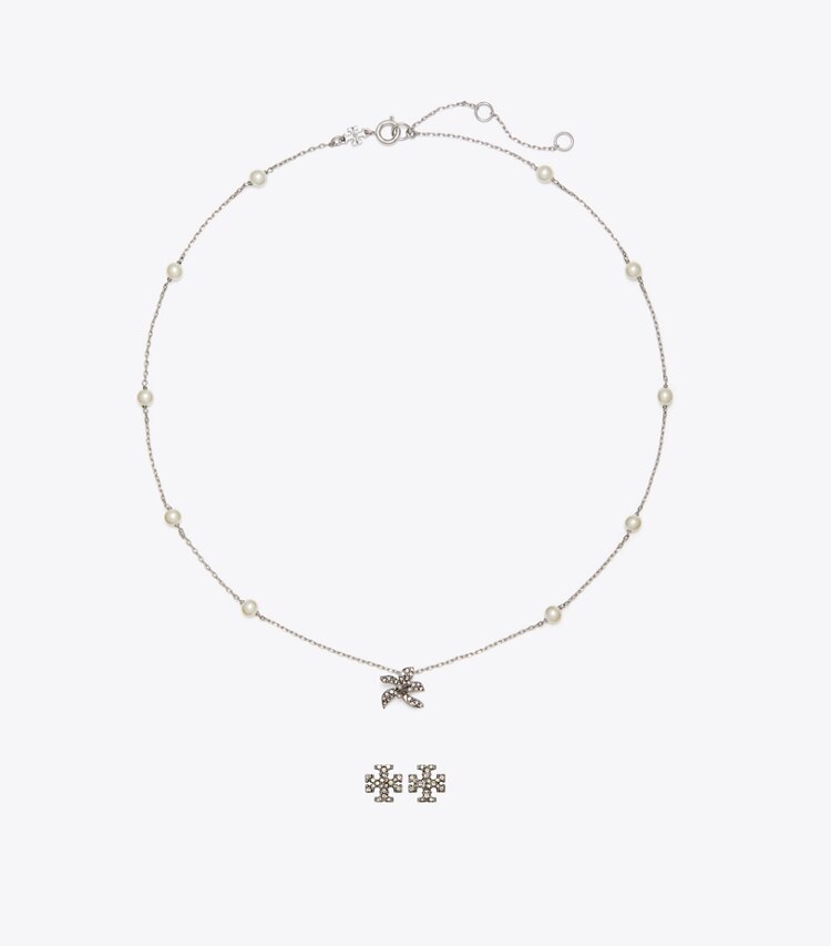 Tory Burch diseñador estuches para joyas Set de regalo con colgante y aros Moondance en Tory Silver / Pearl frente