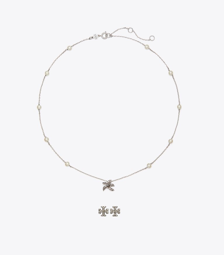 Tory Burch diseñador estuches para joyas Set de regalo con colgante y aros Moondance en Tory Silver / Pearl frente