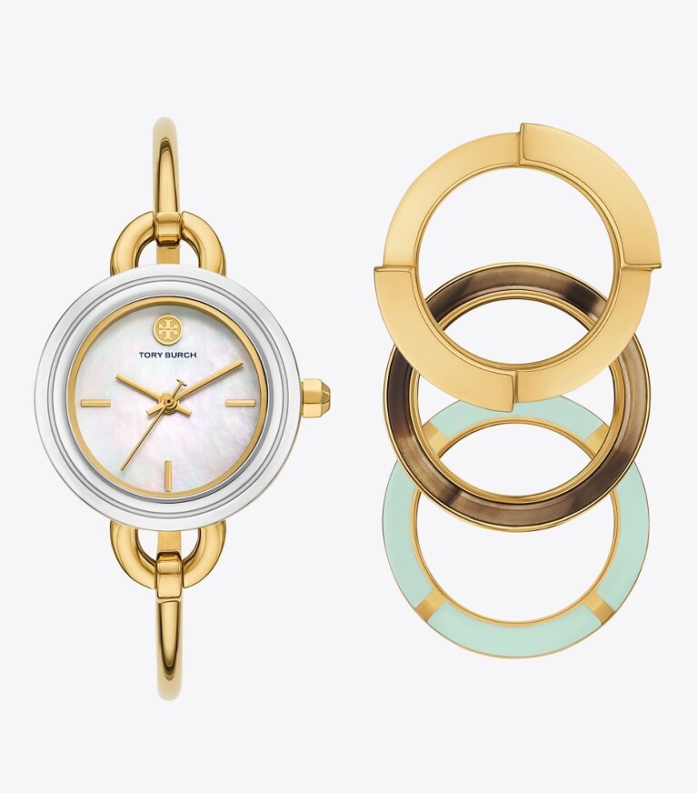 Tory Burch diseñador relojes con correa Set de regalo con reloj Miller en MOP/SILVER/GOLD/HORN/LIGHT BLUE frente