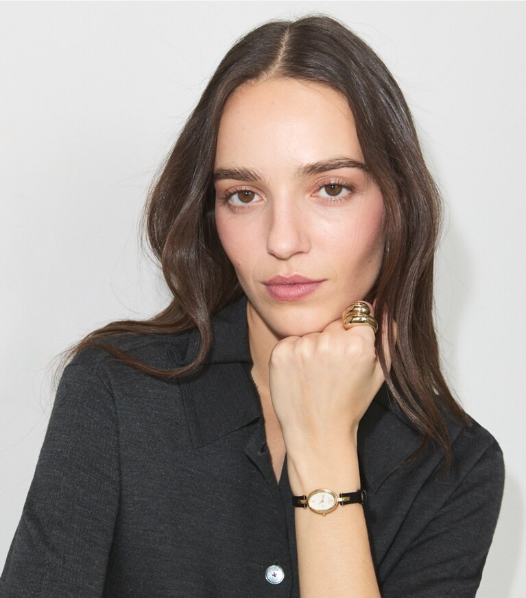 Tory Burch diseñador relojes con correa Set de regalo con reloj ovalado pequeño en IVORY/GOLD/BLACK adicional en modelo