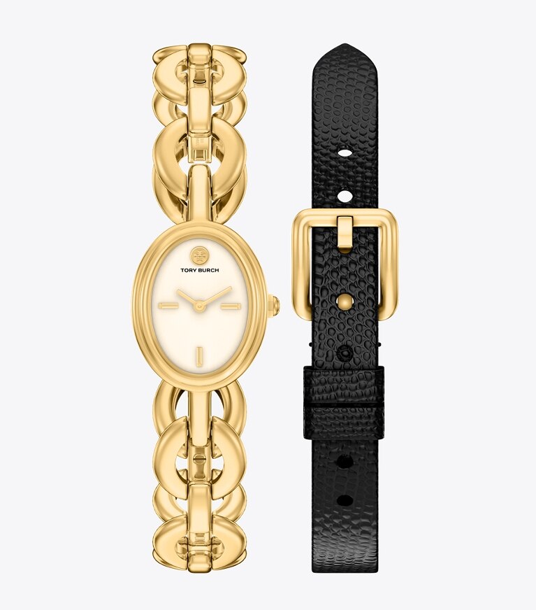 Tory Burch diseñador relojes con correa Set de regalo con reloj ovalado pequeño en IVORY/GOLD/BLACK frente