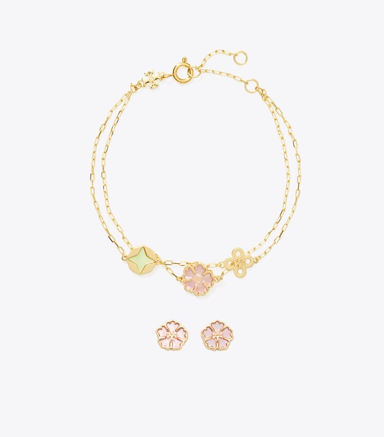 Tory Burch diseñador estuches para joyas Set de regalo de pulsera y aros Forget Me Not en Tory Gold / Multi frente
