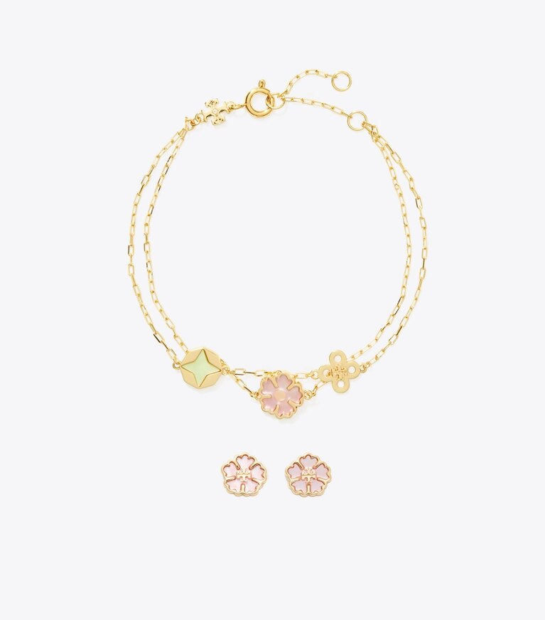 Tory Burch diseñador estuches para joyas Set de regalo de pulsera y aros Forget Me Not en Tory Gold / Multi frente