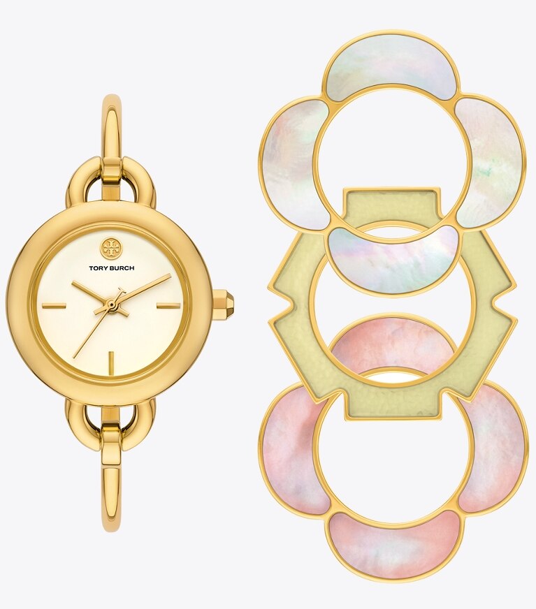 Tory Burch diseñador relojes con correa Set de regalo de reloj Kira en IVORY/GOLD/MULTI TOPRINGS frontal