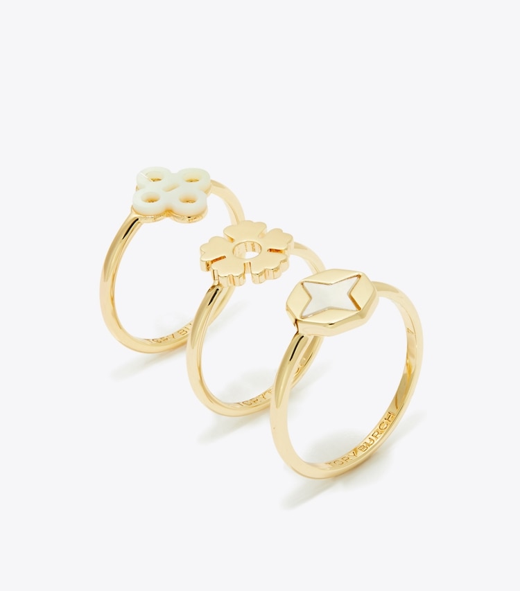 Tory Burch designer anelli Set di anelli sovrapponibili Forget Me Not in Tory Gold / Mother of Pearl angle