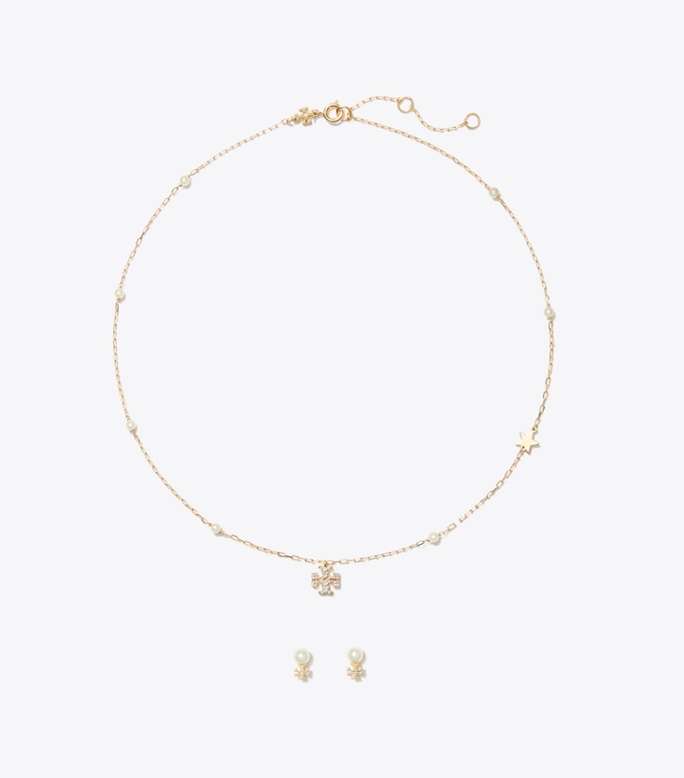 Tory Burch diseñador estuches para joyas Set para regalo de collar y pendientes Moondance en Tory Gold / Cream / Crystal frontal