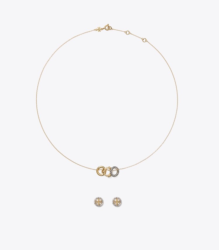 Tory Burch designer portagioielli Set regalo collana e orecchini in pavé di cristalli Miller in Tory Gold / Crystal front