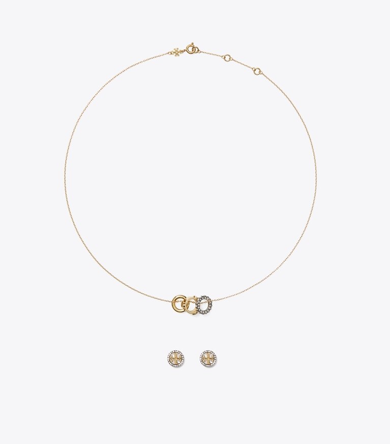 Tory Burch designer portagioielli Set regalo collana e orecchini in pavé di cristalli Miller in Tory Gold / Crystal front