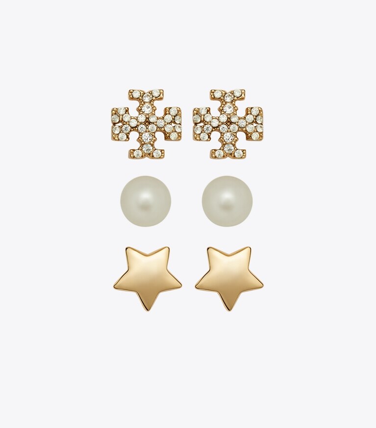 Tory Burch designer portagioielli Set regalo con orecchini a borchia Kira in Tory Gold / Crystal / Pearl front