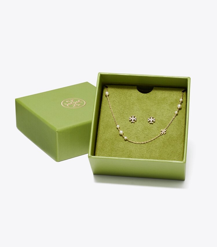 Tory Burch designer portagioielli Set regalo Kira con collana e orecchini a borchia in Tory Gold / Pearl / Crystal additional