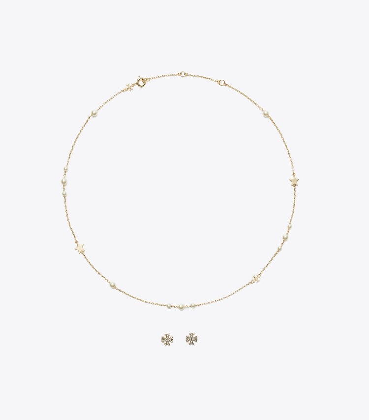 Tory Burch designer portagioielli Set regalo Kira con collana e orecchini a borchia in Tory Gold / Pearl / Crystal front