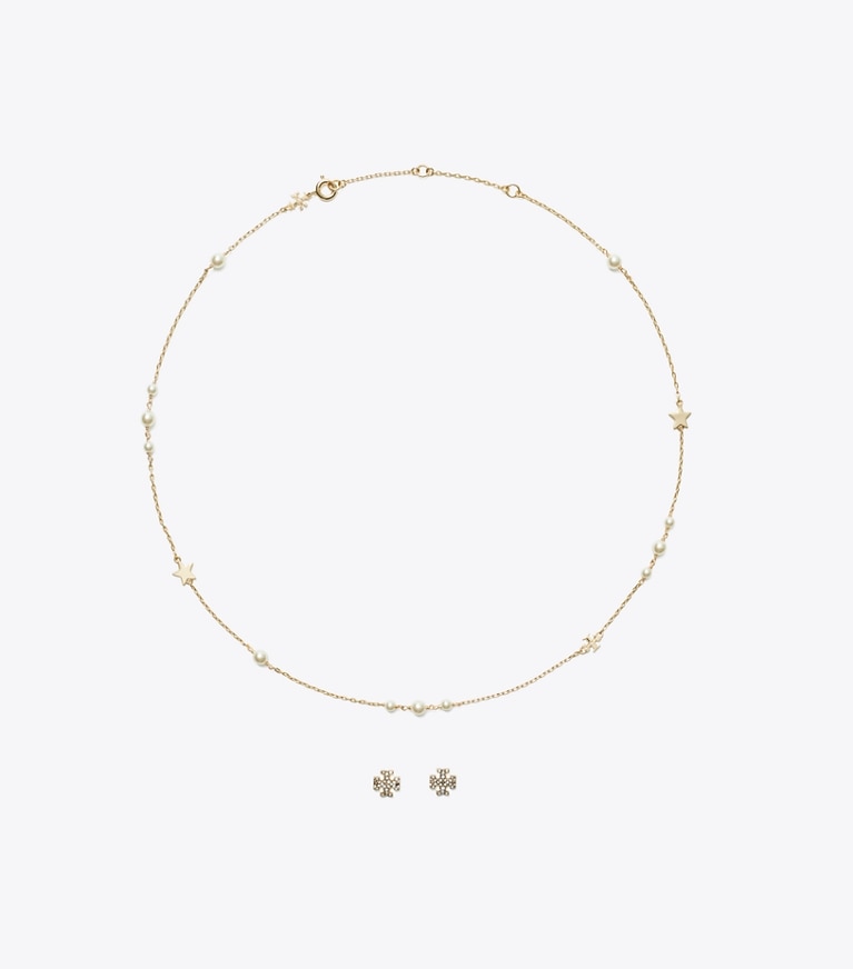 Tory Burch designer portagioielli Set regalo Kira con collana e orecchini a borchia in Tory Gold / Pearl / Crystal front