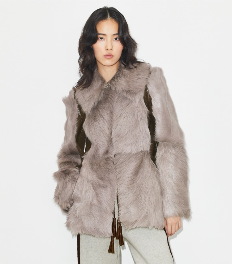Tory Burch designer jackets Shearling Jacket in Pale Mauve on model detail