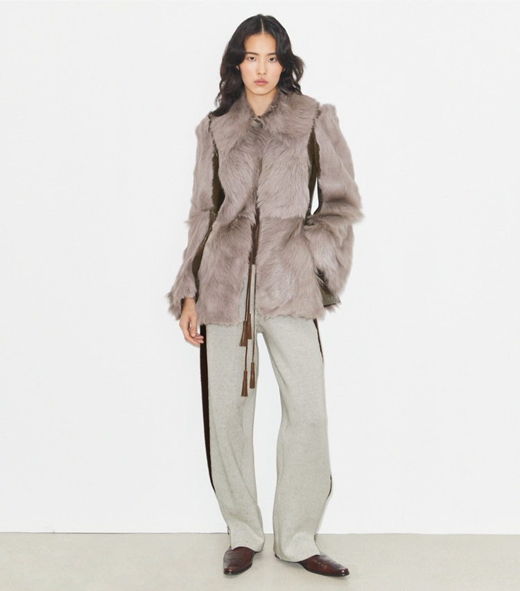 Tory Burch designer jackets Shearling Jacket in Pale Mauve on model front