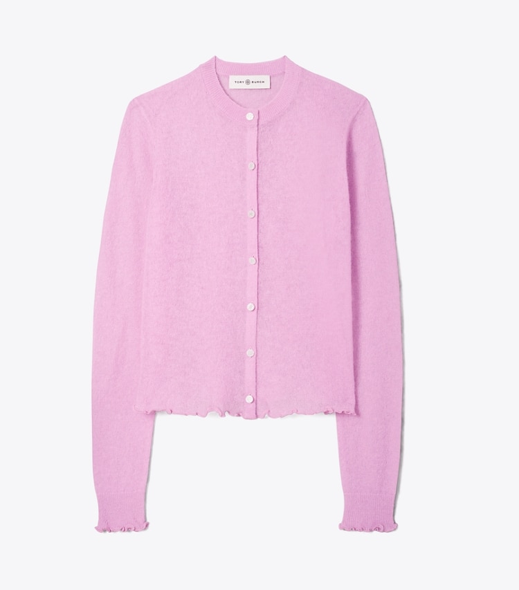 Tory Burch designer sweaters Sheer Crewneck Cardigan in Light Violet front
