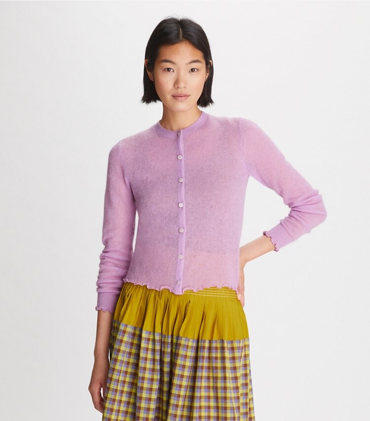 Tory Burch designer sweaters Sheer Crewneck Cardigan in Light Violet on model detail