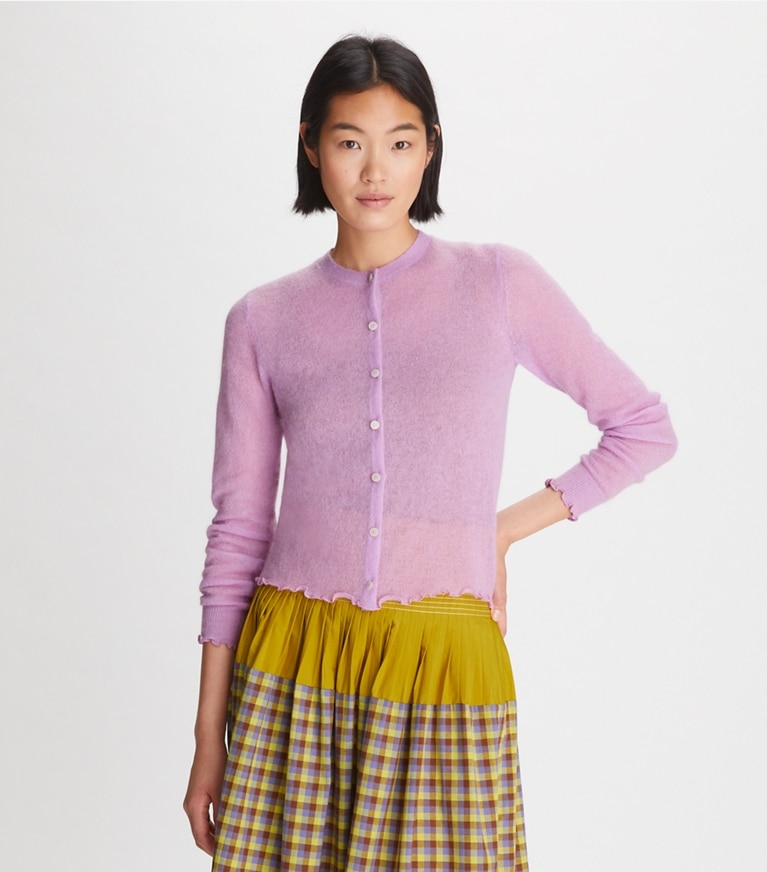Tory Burch designer sweaters Sheer Crewneck Cardigan in Light Violet front