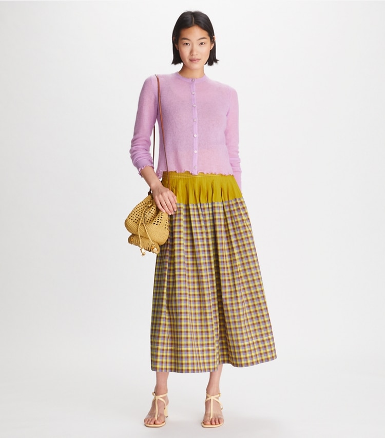 Tory Burch designer sweaters Sheer Crewneck Cardigan in Light Violet on model front