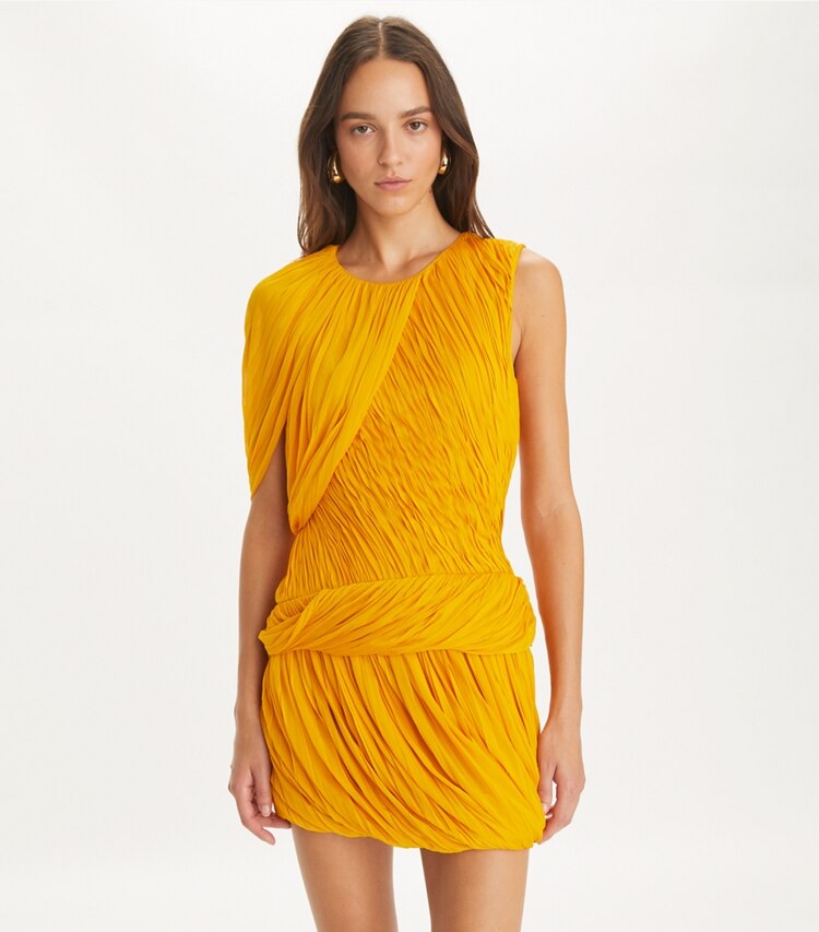 Tory Burch designer dresses Sheer Jersey Goddess Dress in Winter Sun on model detail