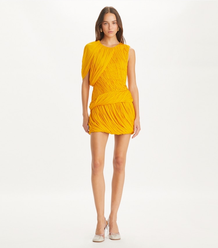 Tory Burch designer dresses Sheer Jersey Goddess Dress in Winter Sun on model front