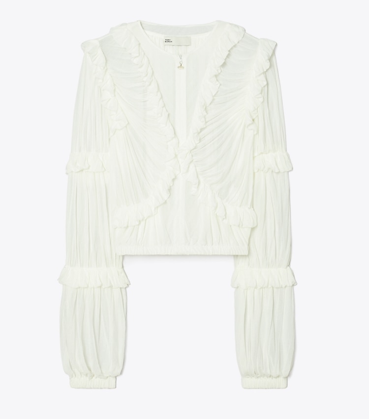 Tory Burch designer tops Sheer Jersey Ruffle Top in Marshmallow front