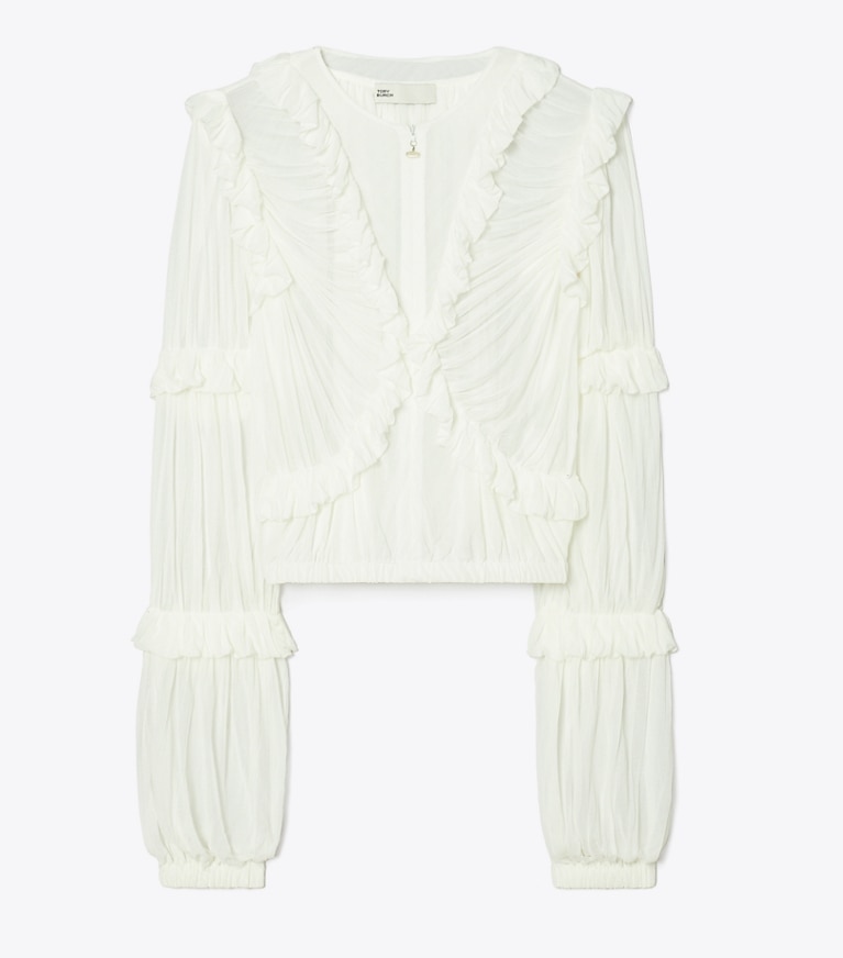 Tory Burch designer tops Sheer Jersey Ruffle Top in Marshmallow front